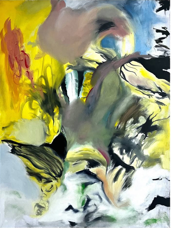 Abstract painting with a mix of yellow, black, and white colors.